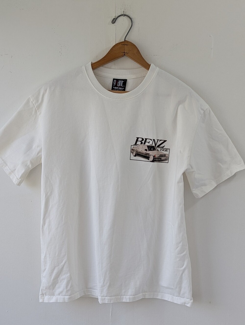 Vintage Giant Teejays 190E Benz White Graphic T-Shirt Cotton Size Large
